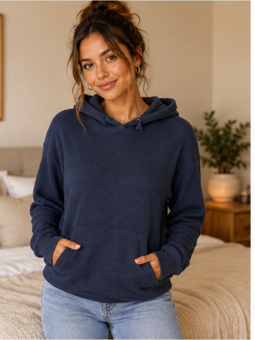 RAINFOREST Navy Waffle-Knit Hooded Pullover